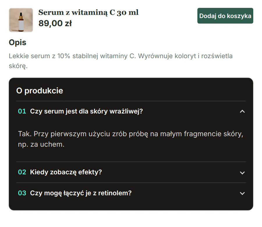 Akordeon w ciemnym motywie z numeracją i otwartą pierwszą odpowiedzią