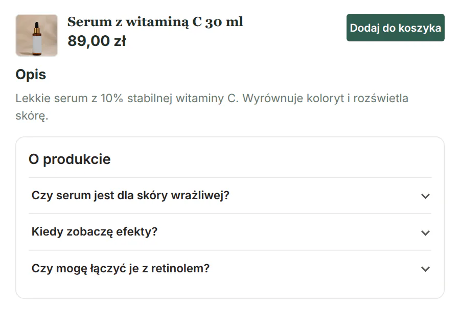 Akordeon GrowFAQ w domyślnym układzie: trzy pytania o serum jedno pod drugim