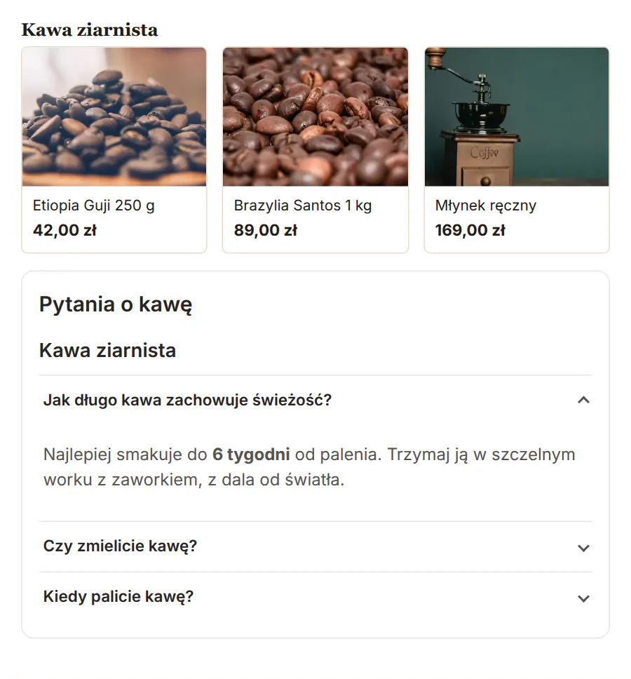 Strona kategorii Kawa ziarnista z trzema produktami i akordeonem Pytania o kawę pod listą
