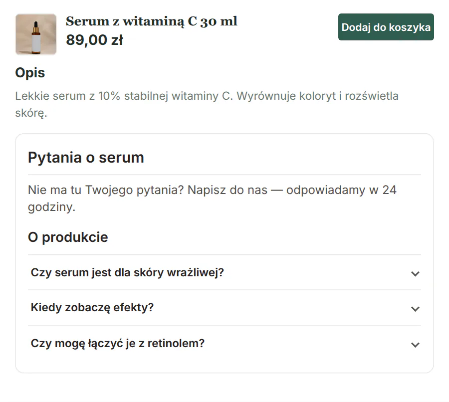 Akordeon z nagłówkiem Pytania o serum, podkreśleniem i zdaniem o kontakcie