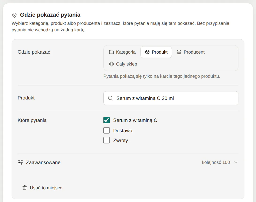 Panel GrowFAQ: przypisanie sekcji do produktu i kategorii wybranych z listy po nazwie