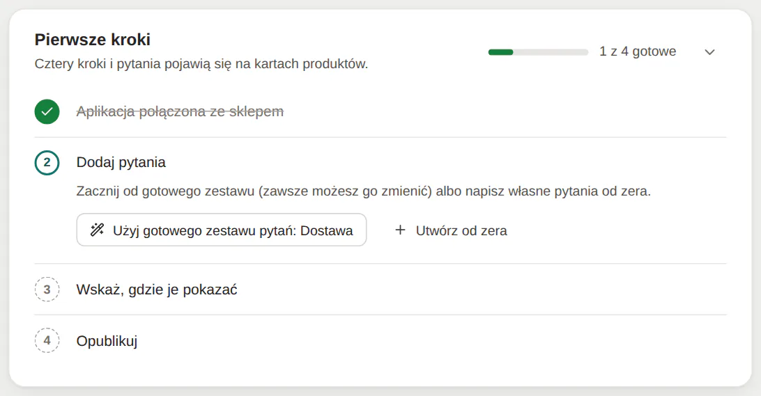 Panel GrowFAQ: pierwsze kroki z przyciskiem Użyj gotowego zestawu pytań: Dostawa