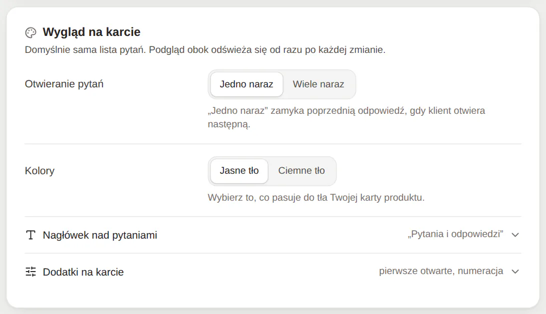 Panel GrowFAQ: wygląd na karcie — nagłówek, numeracja, szukajka i motyw