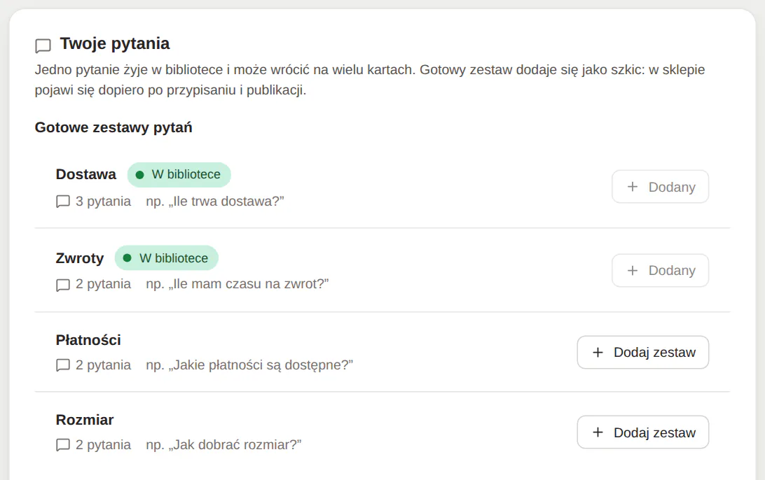 Panel GrowFAQ: biblioteka pytań z gotowymi zestawami i edytorem odpowiedzi