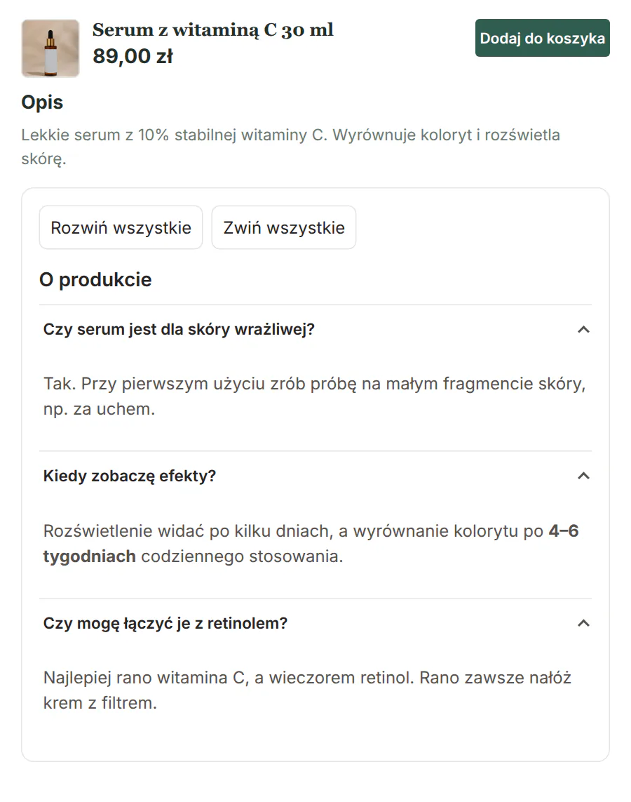 Przyciski Rozwiń wszystkie i Zwiń wszystkie nad listą z rozwiniętymi odpowiedziami