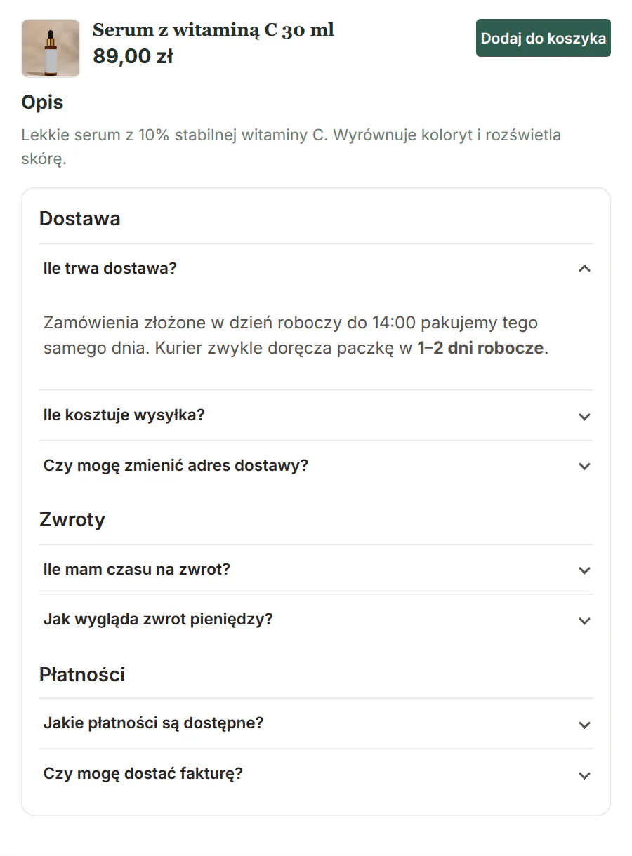 Trzy sekcje z gotowych zestawów: Dostawa, Zwroty i Płatności