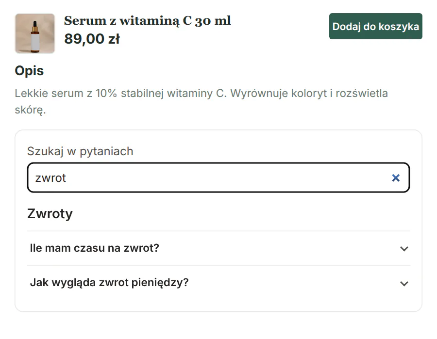 Szukajka w pytaniach z wpisanym słowem zwrot i jednym pasującym pytaniem z sekcji Zwroty