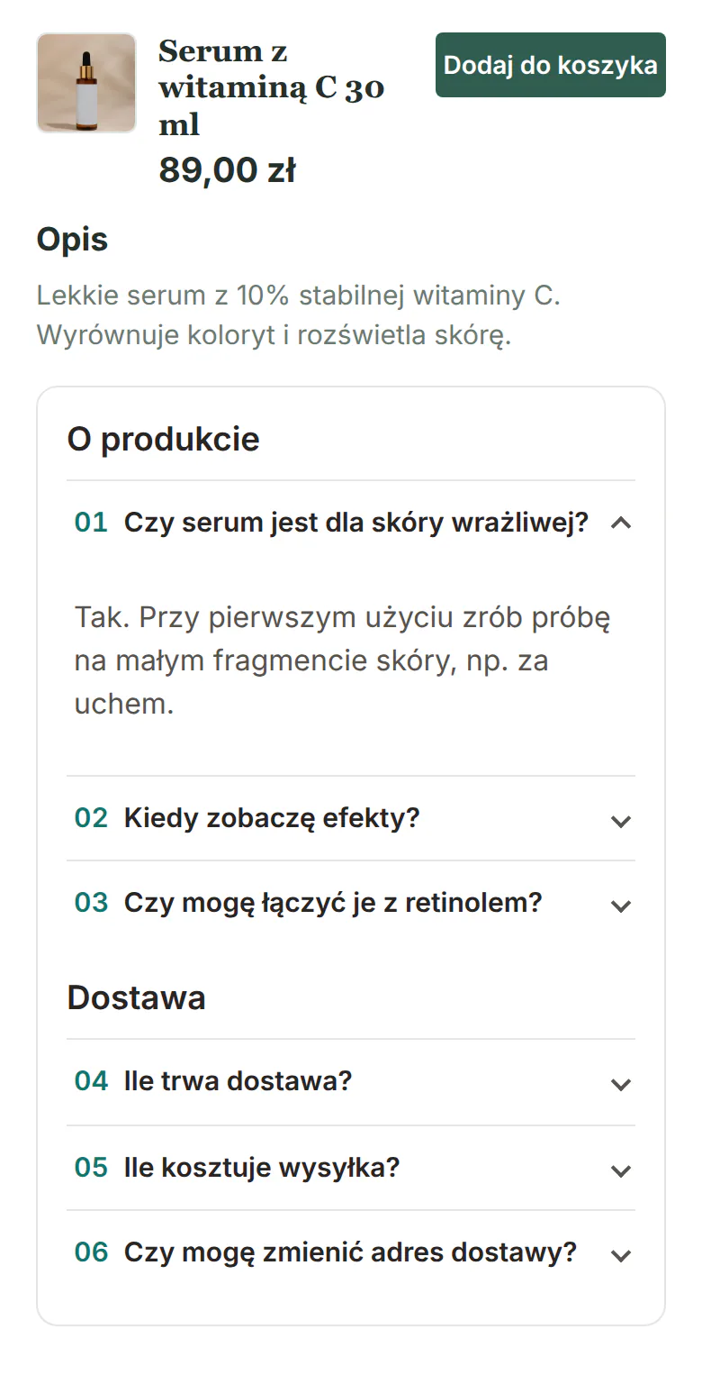 Karta serum na telefonie z akordeonem na całą szerokość