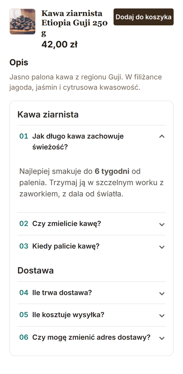 Karta kawy z Etiopii z pytaniami o świeżość, mielenie i palenie oraz sekcją Dostawa
