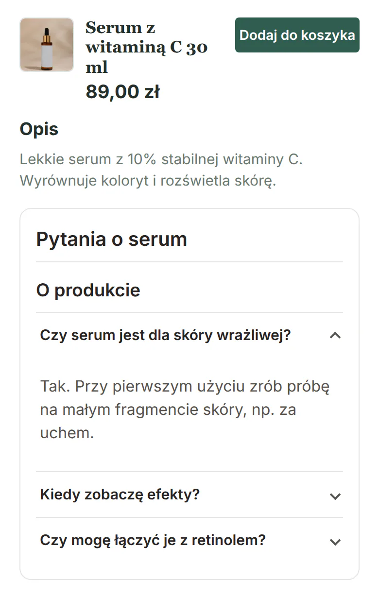 Karta serum z sekcją O produkcie: pytania o skórę wrażliwą, efekty i retinol