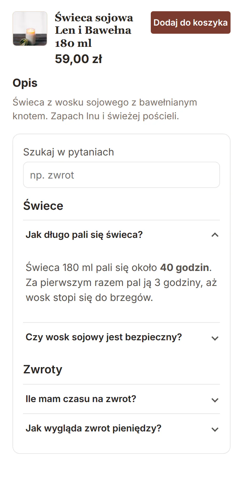 Karta świecy sojowej z szukajką, pytaniami o palenie i sekcją Zwroty